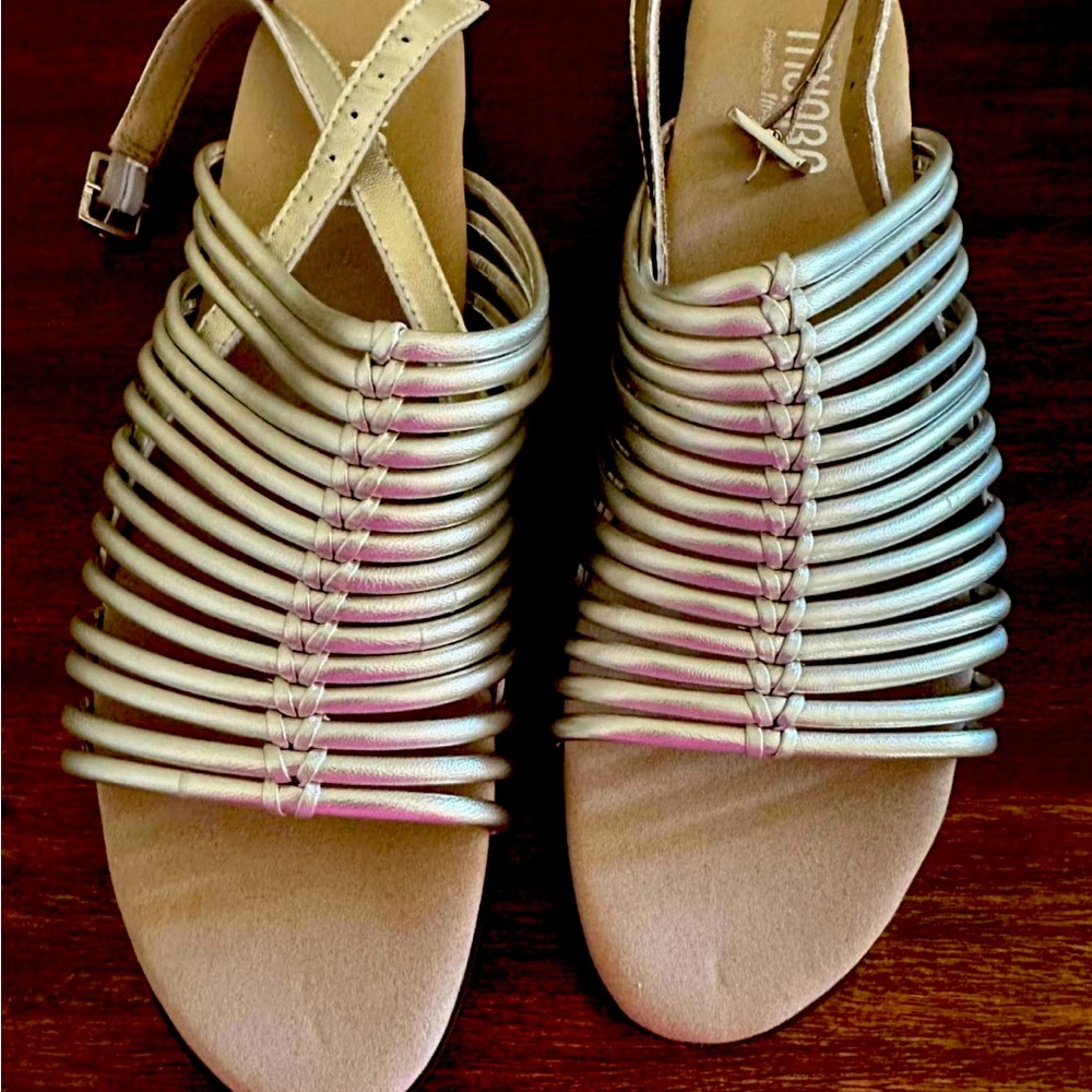 Brand new, never worn, silver sandals. Runs small.